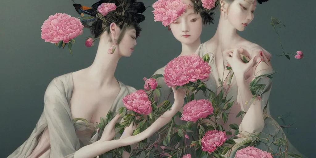 Image similar to breathtaking detailed concept art painting blend of pink short hair goddesses of peonies by hsiao - ron cheng with anxious piercing eyes, vintage illustration pattern with bizarre compositions blend of flowers and fruits and birds by beto val and john james audubon, exquisite detail, extremely moody lighting, 8 k