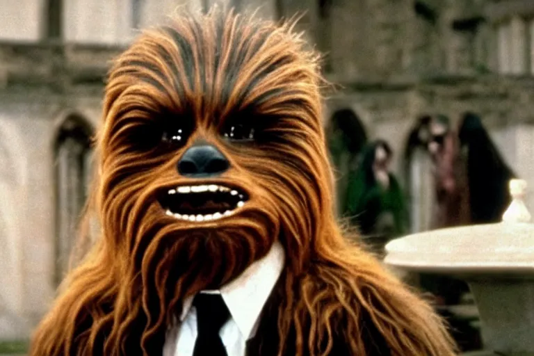 Image similar to A high quality movie still from the film Four Weddings and a Funeral, starring Chewbacca