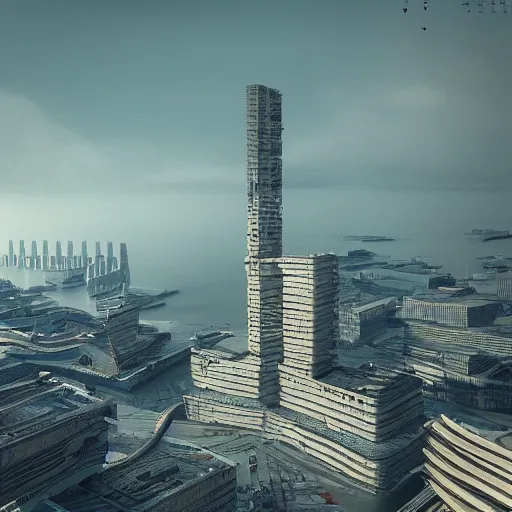 Image similar to communist buildings stand above the sea, brutalism, by zaoeyo ， highly detailed, cinematic landscape ， octane render ， trending on artstation,