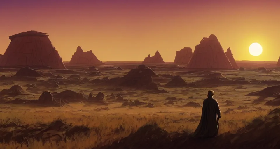 Image similar to beautiful wide shot tatooine landscape, Luke skywalker watches binary sunset from moisture farm, Star Wars a new hope 1977, studio ghibli, Miyazaki, Greg rutkowski, Alphonse mucha, Moebius , animation, golden hour, highly detailed, hdr, vivid color, 70mm