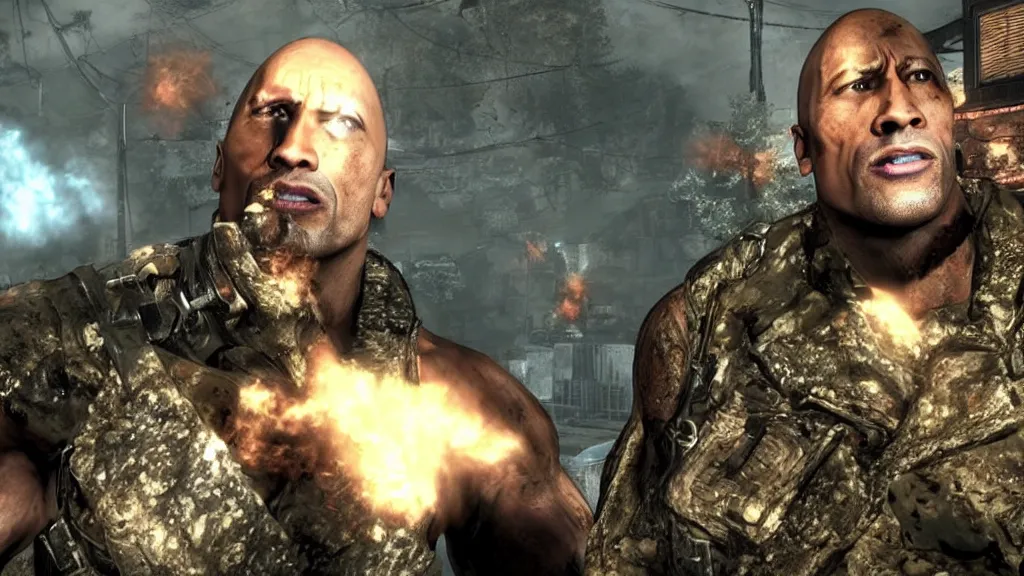 Image similar to dwayne the rock johnson, dwayne the rock johnson in the call of duty zombies map tranzit, black ops 2 tranzit, screenshot