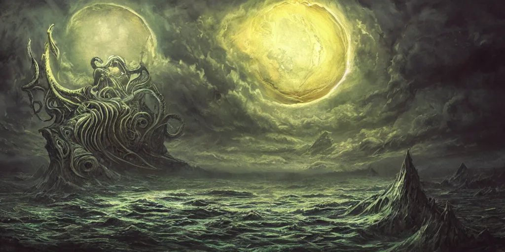 Prompt: concept art of dagon, lovecraftian, renaissance, roaring, melting horror, round moon, rich clouds, fighting the horrors of the unknown, mirrors, very detailed, volumetric light, mist, grim, fine art, decaying, textured oil over canvas, epic fantasy art, very colorful, ornate scales, anato finnstark