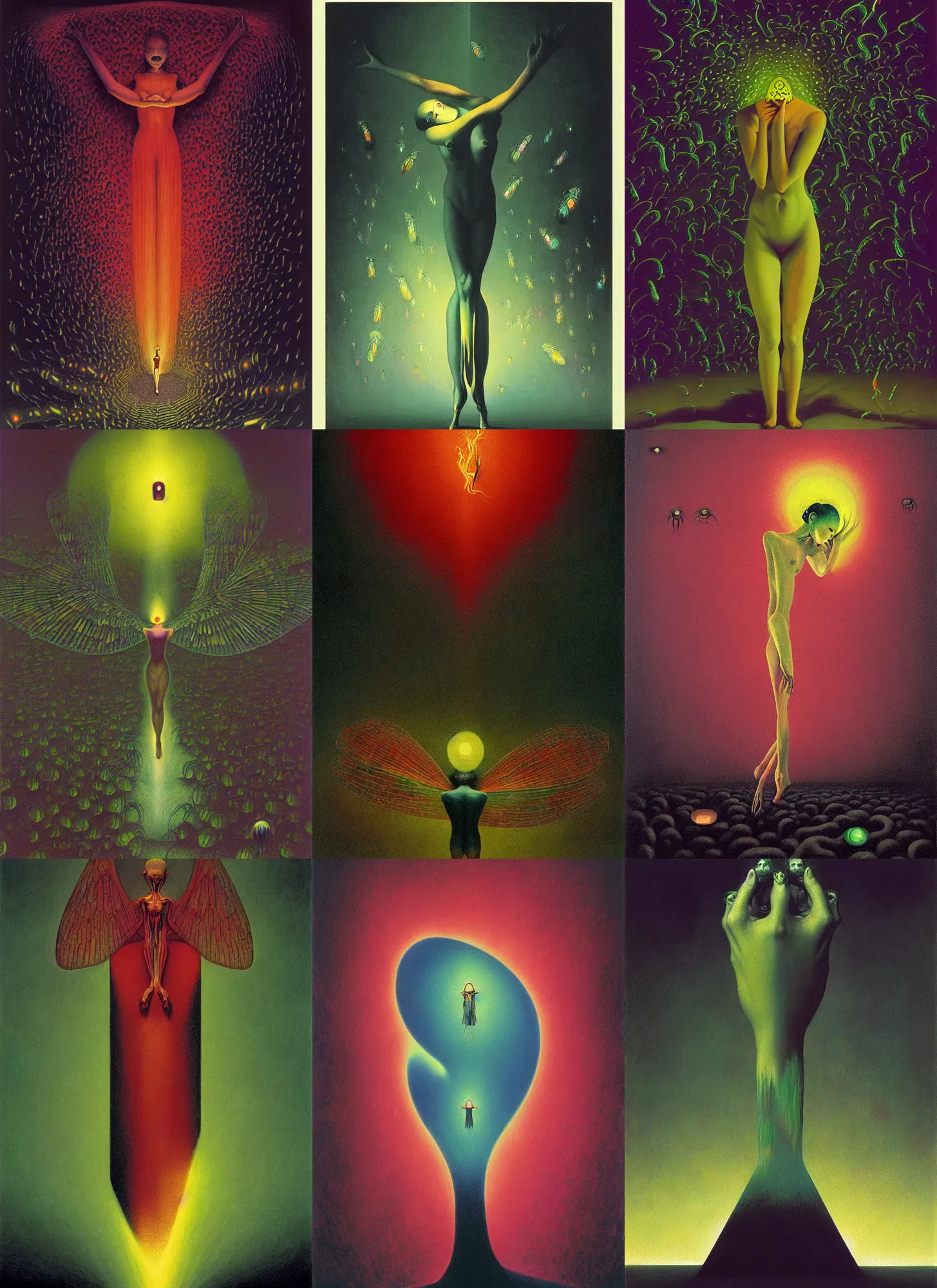 Prompt: the prism of the soul split breaks the nervous system into chromatic fireflies of avarice and anticipation each winged creature flies towards the flame of annihilation to be reborn, Edward Hopper and James Gilleard, Zdzislaw Beksinski, Mark Ryden, Wolfgang Lettl highly detailed, hints of Yayoi Kasuma