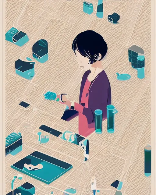 Image similar to a little girl in science lab experiment test tube microscope map. clean cel shaded vector art. minimalist illustration art by lois van baarle, artgerm, helen huang by makoto shinkai and ilya kuvshinov, rossdraws