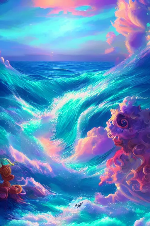 Prompt: A beautiful digital illustration painting of an ocean and sky fantasy by Blair Leighton and Lisa Frank, 8k resolution trending on Artstation concept art digital illustration