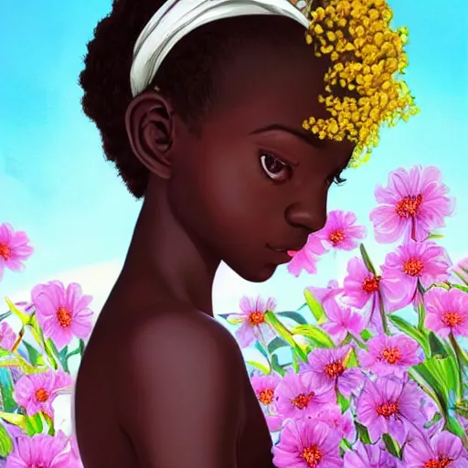 Image similar to little african girl with flowers in hair wearing an white dress. art by ilya kuvshinov, profile picture, inspired in hirohiko araki, realistic, highly detailed, 8 0 s anime art style, vogue cover