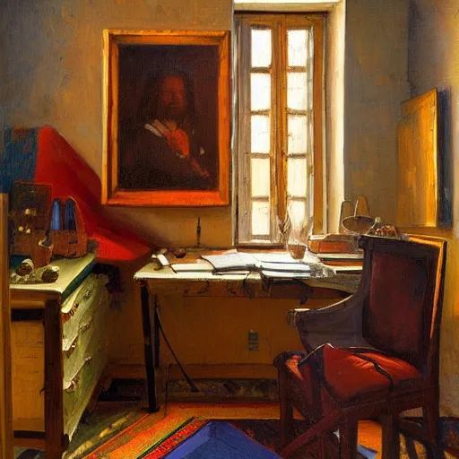 Image similar to a cozy little office nook, dmitry spiros, leonardo da vinci, jacques - louis david, johannes vermeer, 8 k, wide angle,