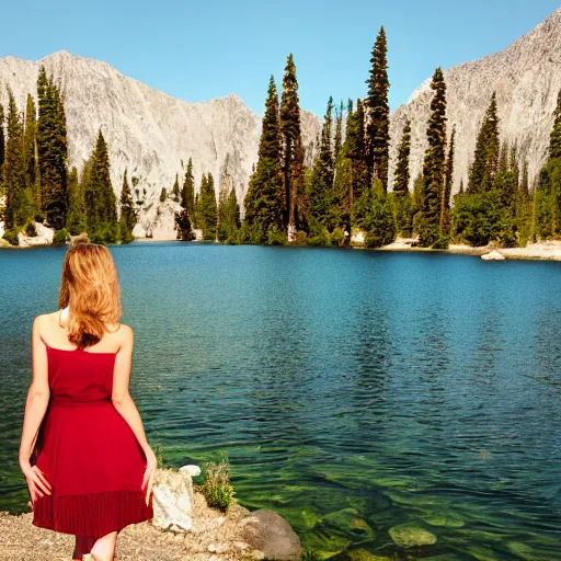 Prompt: pretty woman standing in front of a beautiful lake in a valley in the sierra nevada mountains,