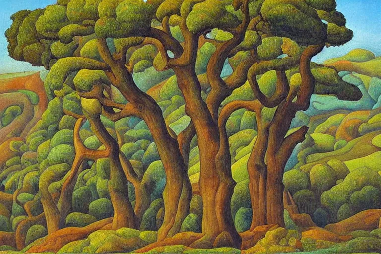 Image similar to masterpiece painting of oak trees on a hillside overlooking a creek, by diego rivera