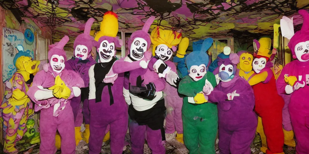 Image similar to Juggalo Teletubbies band photoshoot inside abandoned dollhouse, 1980s surrealism aesthetic, detailed facial expressions, graffiti on the walls and ceiling