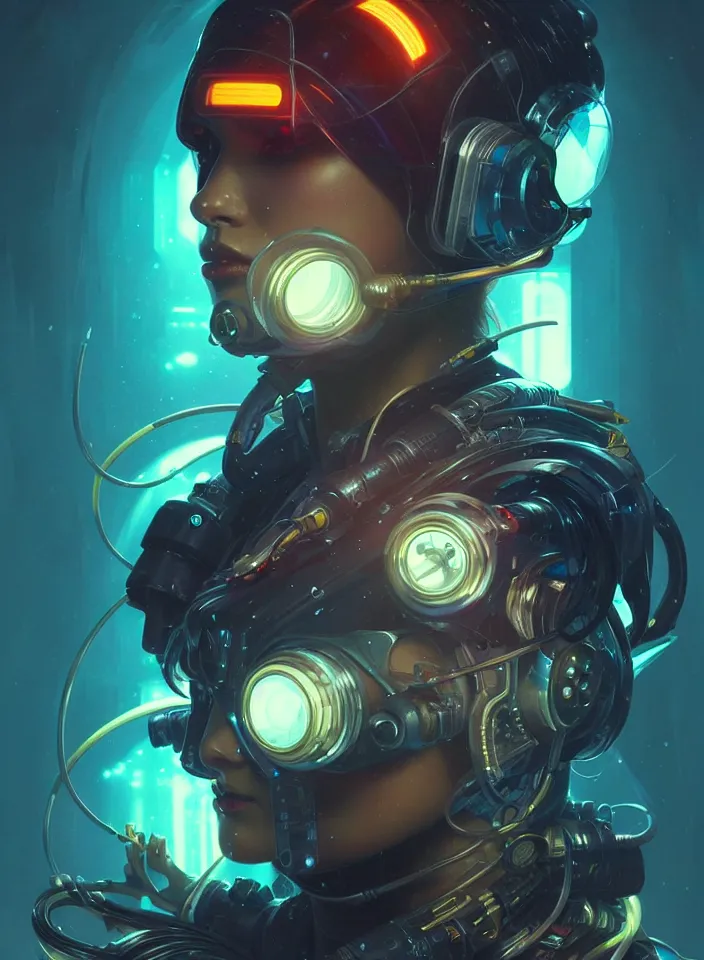 Image similar to ymmetry portrait of a cyberpunk diver, sci - fi, tech wear, glowing lights intricate, elegant, highly detailed, digital painting, artstation, concept art, smooth, sharp focus, illustration, art by artgerm and greg rutkowski and alphonse mucha