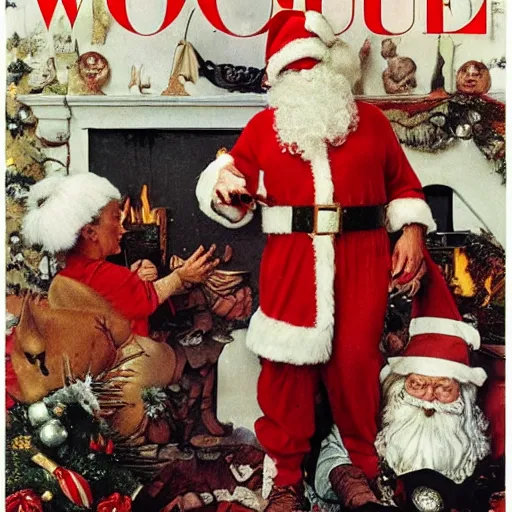 Prompt: vogue designer Santa Claus Sacrificing the Elves to a Volcano God Altar norman rockwell