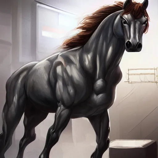 Image similar to an enormously muscular anthro horse experimental supersoldier in a research facility wearing a skintight body armor with chemical injectors, long white mane, equine, anthro art, furaffinity, highly detailed, digital painting, artstation, concept art, illustration, art by artgerm, greg rutkowski, ruan jia