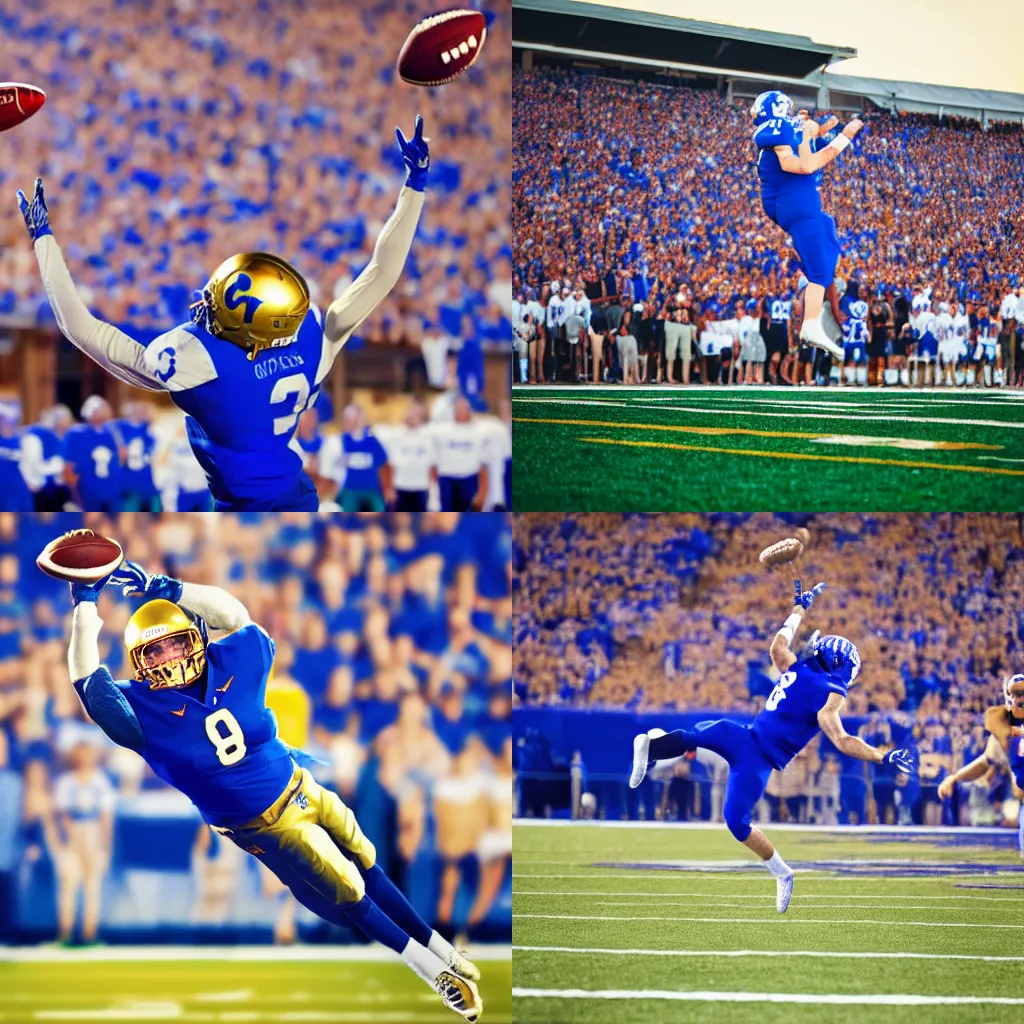 Prompt: cougar in mid-air catching a football during a college football game, fans are wearing royal blue, 8k, hyper realistic, golden hour, high depth of field