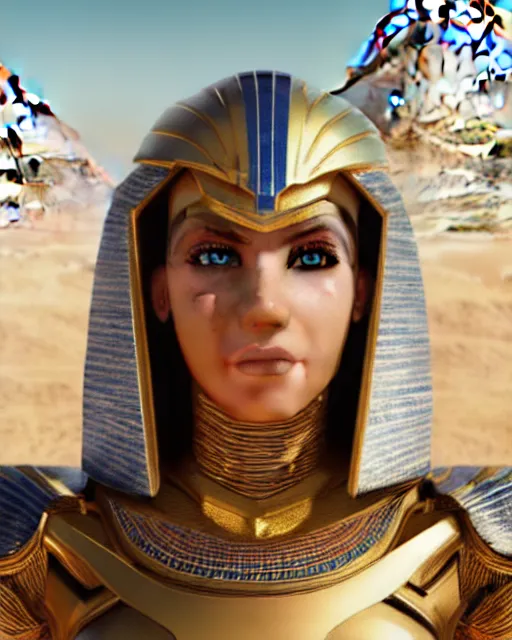 Image similar to girl in egypt, egyptian cyborg armor, white hair, atmosphere, gold, detailed, intricate, desert, beautiful face, cinematic lighting, trending on artstation, blue eyes, 4 k, focused, extreme details, cinematic, masterpiece, by akihito tsukushi