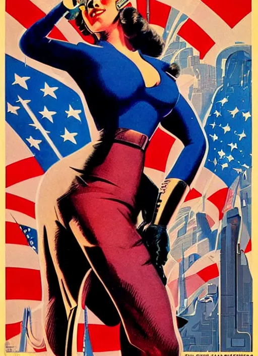 Prompt: american propaganda poster. cyberpunk hitwoman. portrait by jean giraud and anton otto fischer and john philip falter and will eisner and gil elvgren