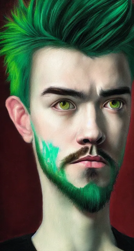 Image similar to jacksepticeye with dyed green hair renaissance portrait painting, chiaroscuro, oil paints on canvas