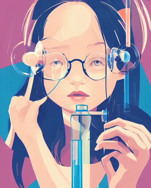 Image similar to a little girl in science lab experiment test tube microscope. clean cel shaded vector art. minimalist illustration art by lois van baarle, artgerm, helen huang by makoto shinkai and ilya kuvshinov, rossdraws