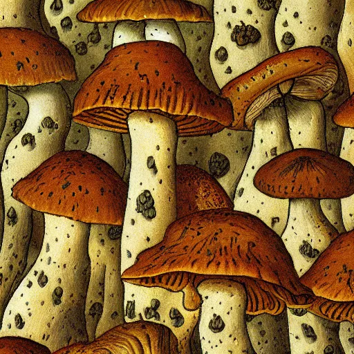 Prompt: a detailed artwork of mushrooms, pattern, tiled, caspar david friedrich, artstation