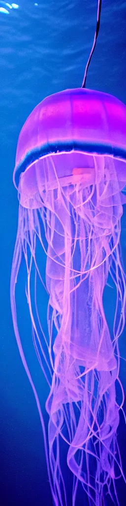 Prompt: a deep sea translucent bioluminescent jellyfish glowing indigo, black backgroud, hyperrealistic, extremely detailed, 8 k underwater photography