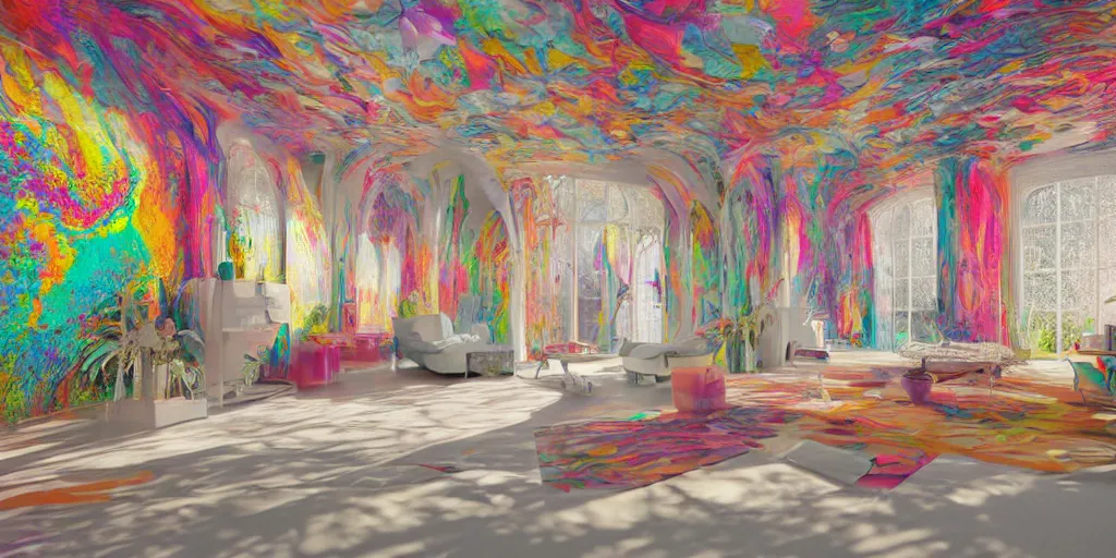 Prompt: a modern indoor room made from insane detailed colorfull melting wax, clean architecture, pictures in the wall, pastel colored, intricate detailed 3 d render, hyper realistic intricate acrilic fluid art, intense colors, wide shot, octane render, concept art, daylight, peaceful, 8 k