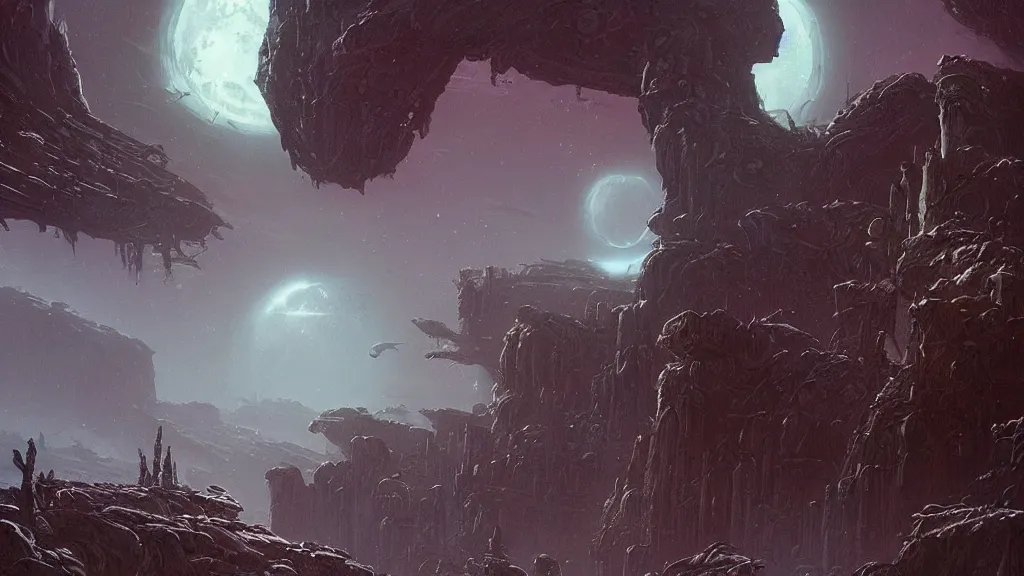 Image similar to eerie atmospheric alien planet with biomechanical plants and the ruins of civilization by les edwards and vincent di fate and anato finnstark, epic cinematic matte painting