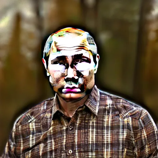 Image similar to Closeup of Vladimir Putin posing as a lumberjack. He has an axe in his hand and is wearing a yellow helmet. He looks very surprised. Hyper realistic photo. Full colour. Extremely detailed facial features.