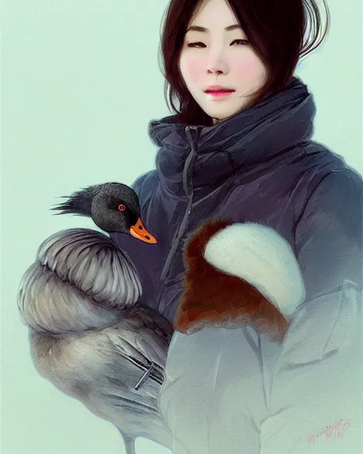 Image similar to a beautiful chinese woman in down jacket ， a goose ， winer ， wenjun lin intricate, elegant, highly detailed, digital painting, artstation, concept art, matte, sharp focus, illustration, hearthstone, art by artgerm and greg rutkowski and alphonse mucha