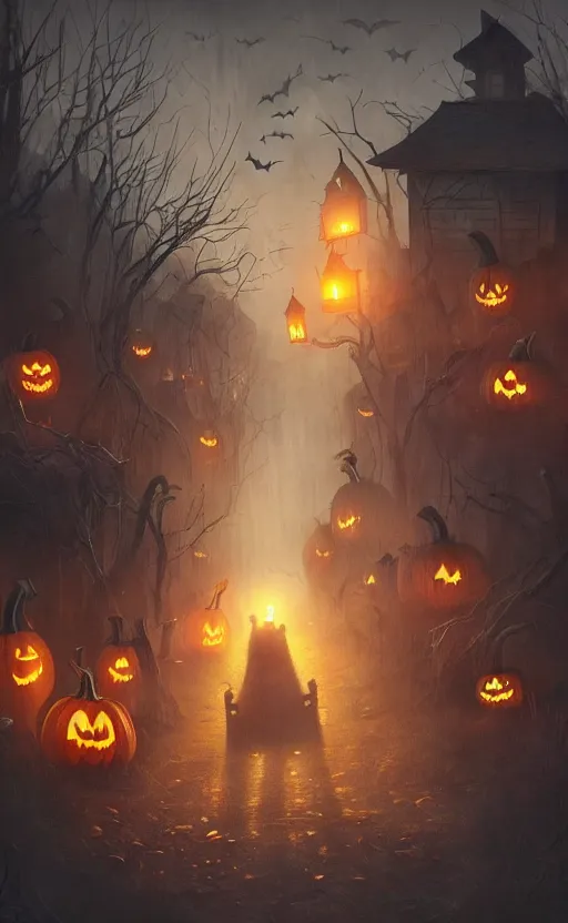 Image similar to a creepy and eery Halloween setting, with Jack o lanterns on the street and shadow figures lurking about, dynamic lighting, photorealistic fantasy concept art, stunning visuals, creative, cinematic, ultra detailed, trending on art station, spooky vibe