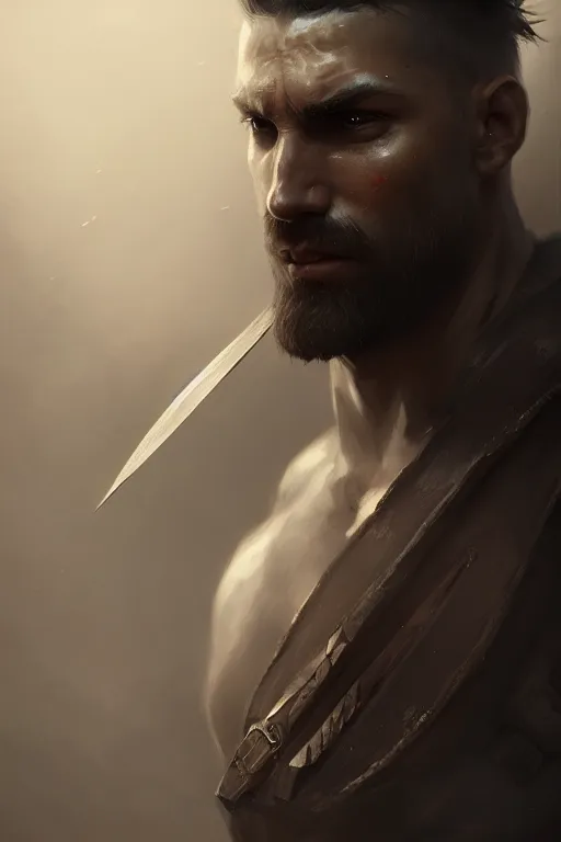 Image similar to a portrait of a male warrior, illustration, soft lighting, soft details, dark mood, painting oil on canvas by Cedric Peyravernay octane render trending on artstation d&d characters, 4k, 8k, HD