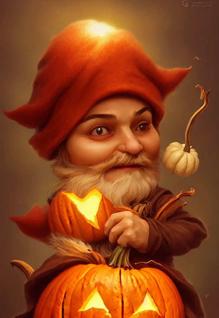 Image similar to hand drawn cute one gnomes face in autumn disguise holding pumpkin, detailed closeup face, concept art, low angle, high detail, warm lighting, volumetric, godrays, vivid, beautiful, trending on artstation, art by artgerm and greg rutkowski and alphonse mucha