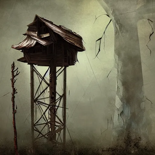 Image similar to tree house, post - apocalyptic, dark fantasy, liminal space, dark paradise, digital art