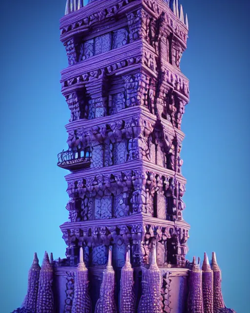 Image similar to detailed painting giant intricate tower structure carved out of complex bone with royal purple gems rendered in cinema 4 d octane