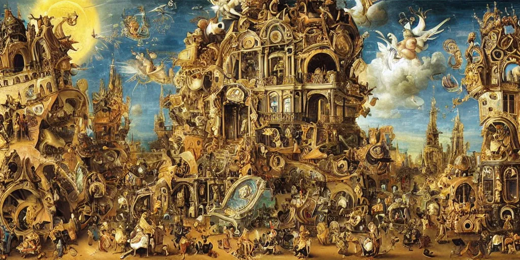 Prompt: beautiful!!! ornate heavenly!!! black!! rococo megastructure in the style of heironymus bosch, colorful intricate masterpiece, hyper detailed, hd