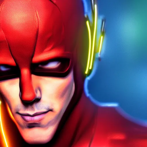 Image similar to a digital painting of michael rosenbaum dressed as the flash,,, cyberpunk art by sim sa - jeong, cgsociety, synchromism, detailed painting, glowing neon, digital illustration, perfect face, extremely fine details, realistic shaded lighting, dynamic colorful background