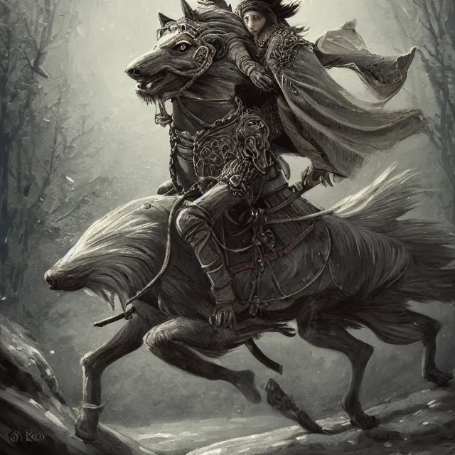 Image similar to young tsarevitch ivan riding on big grey wolf, slavic folk fairytale, story, fable, dramatic, fantasy art, an ultrafine detailed painting, academic art, ornate, inticate, elegant, sharp focus, artstation, by pavel korin, viktor vasnetsov