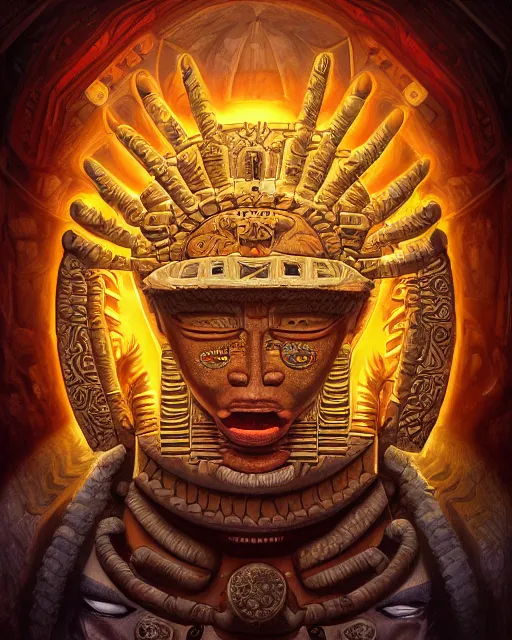 Prompt: digital painting of kinich ahau, mayan sun god, by filipe pagliuso and justin gerard, symmetric, fantasy, highly detailed, realistic, intricate, portrait, sharp focus, tarot card