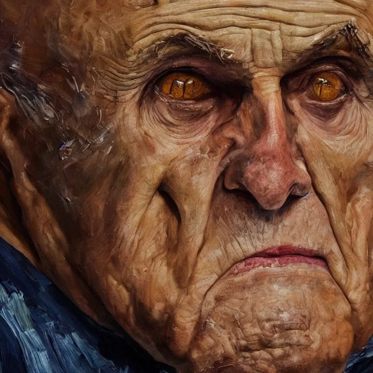 Image similar to warmly lit close up studio portrait of aging angry!! old Rudy Giuliani age 115 wrinkled furious, impasto oil painting thick brushstrokes by Lucian Freud and Cy Twombly and Tim Hawkinson , trending on artstation dramatic lighting Expressionism