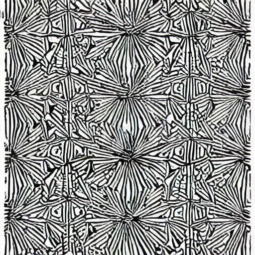 Prompt: high contrast black ink on white paper tessellation block print illustration