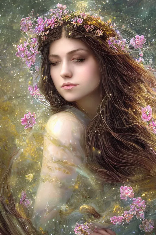 Image similar to elaborately detailed close up portrait of an extremely beautiful girl with long dark hair surrounded by flowers, an eerie mist and ethereal rainbow bubbles, Aetherpunk, high fantasy professionally painted digital art painting, fantasy matte painting movie poster, Art Nouveau, smooth, sharp focus, atmospheric lighting, highly detailed illustration highlights, backlight, golden ratio, 8K detail post-processing, symmetrical facial features, rich deep moody colors, majestic, dark epic fantasy, award winning picture, sense of awe, featured on DeviantArt, trending on cgsociety