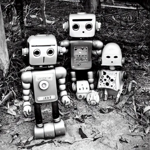 Prompt: the most creepy family photo of robots, 35mm lens, post apocalyptic, a dumping ground
