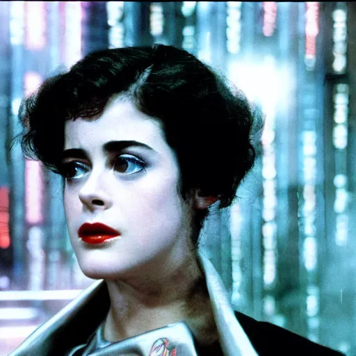 Prompt: close up portrait of a young sean young as rachael tyrell in blade runner at tyrell headquarters photographed by annie leibovitz, artdeco, cyberpunk, colorful!, nighttime!, raining!