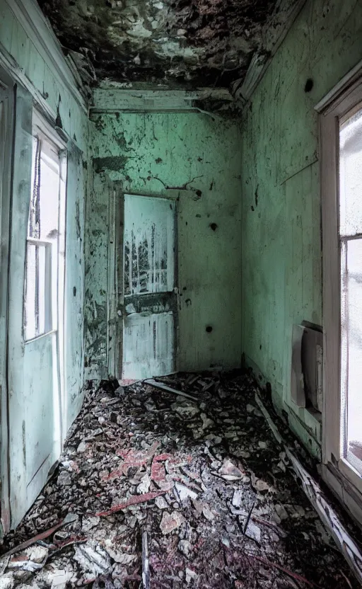 Image similar to high quality photo of a monster in the hallway of an old abandoned victorion house