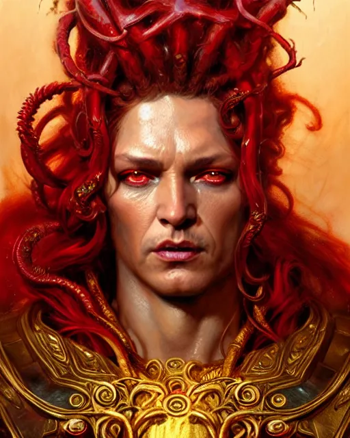 Image similar to fierce medusa in a red and golden robe, fantasy character portrait, ultra realistic, concept art, intricate details, highly detailed by greg rutkowski, gaston bussiere, craig mullins, simon bisley