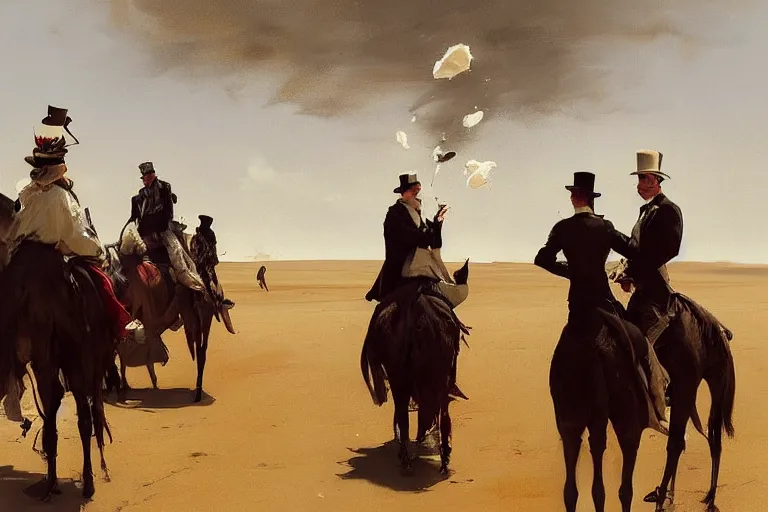 Image similar to portrait of a respectable dignified royal business elite politicians in top hats and coat tails riding on emus in the sahara desert throwing vanilla icecream cones at each other, art by anders zorn, wonderful masterpiece by greg rutkowski, beautiful cinematic light, american romanticism by greg manchess, jessica rossier