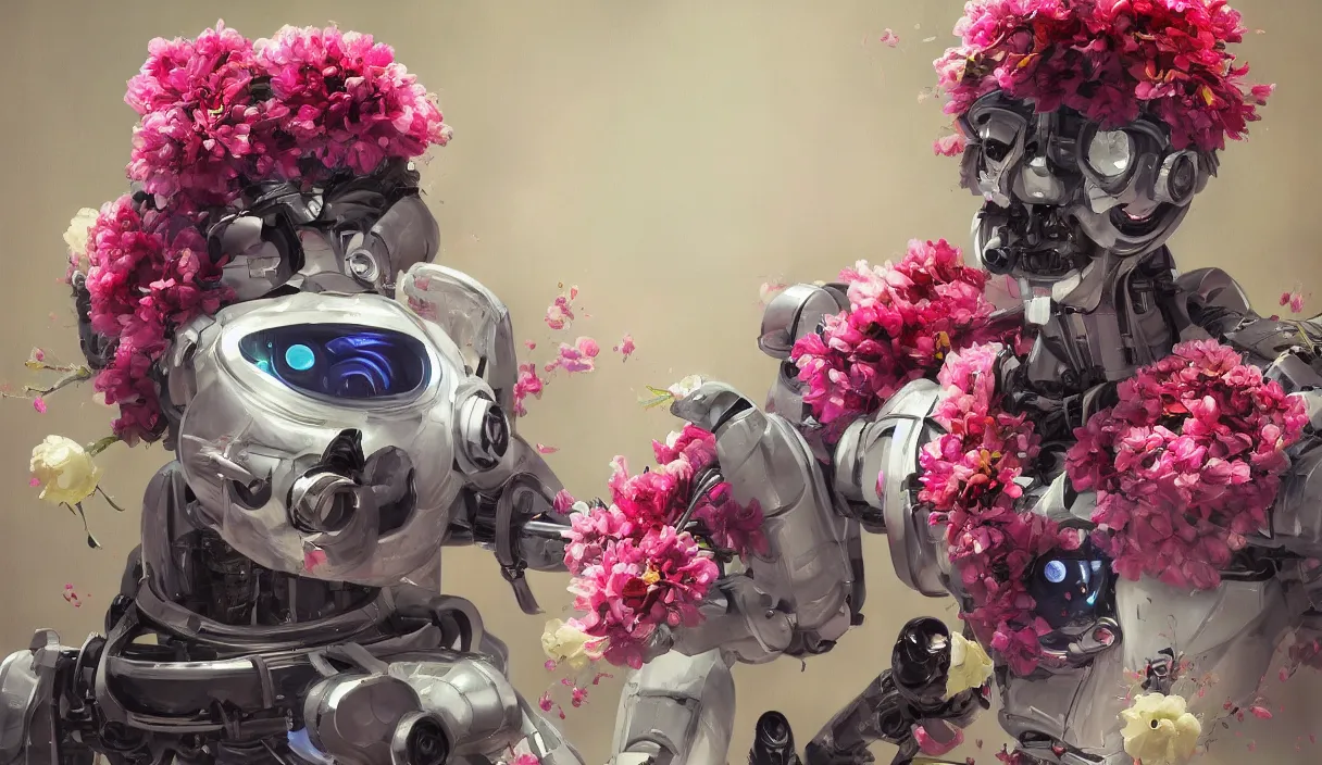 Prompt: A robot with flowers painting a beautiful artwork of himself, oil painting, digital art trending on artstation