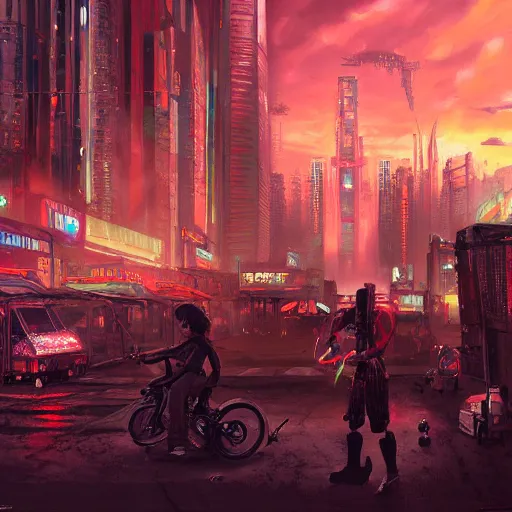 Prompt: Cyberpunk city, street vendors, citizens, augmented cyborgs, robots, skyscapers, buildings, clouds, sunset, painted by seb mckinnon, high detail, digital art, trending on artstation