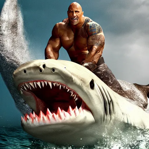 Image similar to photo!!!! of Dwayne Johnson riding a shark in the middle of the ocean, full shot, highly detailed face, highly detailed shark, 8k, cinematic, reflections, lightning