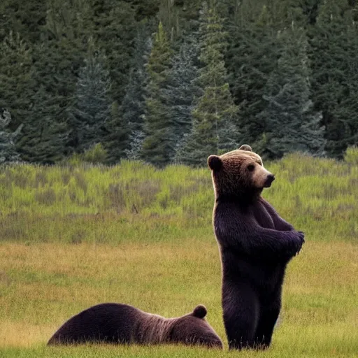 Image similar to a photo of a bear in a field. Jerome Powell is sitting on top of the bear.