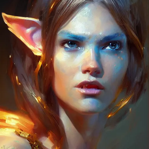 Prompt: beautiful elf woman, glowing golden hair, bright blue eyes, very beautiful features, portrait, painting by alphonse muca, greg ruthowski, craig mullins, ruan jia, wlop, very beautiful and detailed, artstation, high quality